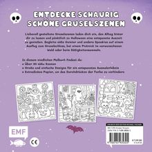 **ENTDECKE SCHAURIG SCHÖNE GRUSELSZENEN**. Lila Hintergrund, drei süße Halloween-Malvorlagen, zwei Totenkopf-Icons.