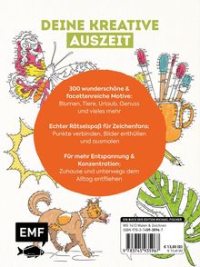DEINE KREATIV AUSZEIT. Illustration: Pinsel, Pflanzen, Hund, Schmetterling mit Zahlenpunkten.