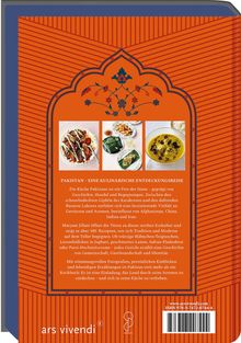 Titel: "Pakistan – Eine kulinarische Entdeckungsreise". Drei Fotos von Gerichten, verziert mit floralen Mustern auf orangefarbenem Hintergrund.