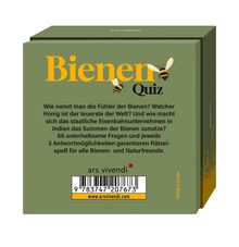 Text: "Bienen Quiz. Wie nennt man die Fühler der Bienen? Welcher Honig ist der teuerste der Welt? 66 unterhaltsame Fragen."  
Eine grüne Box mit Bienen-Illustrationen.