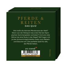 "PFERDE & REITEN DAS QUIZ" gefolgt von Fragen zu Pferderassen und Reitsport. Verpackung in dunklem Grün.