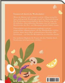Text über gesunde Ernährung in den Wechseljahren vor orangenem Hintergrund, darunter Gemüse- und Kräuterillustrationen.