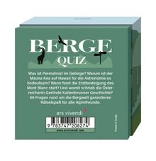 "Berge Quiz" über Gebirgsthemen. Grün. Illustration: Steinbock, Vogel, Kreuz. Verlag: ars vivendi. Fragen rund um die Bergwelt.
