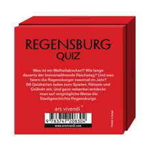 Regensburg Quiz. Text über Stadtgeschichte und Quizkarten zum Spielen und Rätseln. Logo "ars vivendi". Rot und schwarz.