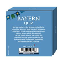 "BAYERN QUIZ" in Großbuchstaben, blaue Verpackung. Quizkartenset mit 66 Fragen über bayerische Kultur und Wissen.