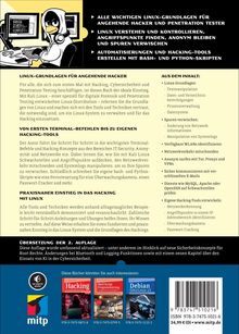 Texte beschreiben Linux-Grundlagen, Hacking-Tools und Netzwerksicherheit. Gelbes Motiv: Eine Cartoonfigur in einem Hoodie am Computer.