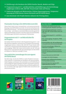 Ein Buchcover zum Thema ESP32-Mikrocontroller mit Inhaltsübersicht, Anwendungshinweisen und weiteren Buchempfehlungen.