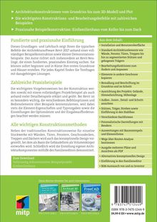 ► Bau vom Grundriss zum 3D-Modell  
► Wichtige Konstruktionsbefehle  
► Beispielkonstruktion: Einfamilienhaus  
Fundierte Einführung in Revit.  
Zahlreiche Praxisbeispiele.  
Konstruktionsmethoden.  
Beispielprojekt downloaden.  
Inhaltsthemen: Installation, Architektur, Rendering.  
ISBN 978-3-7475-1244-9.  
Mitp Logo unten.  
Empfohlene Bücher: AutoCAD, Archicad, FreeCAD.