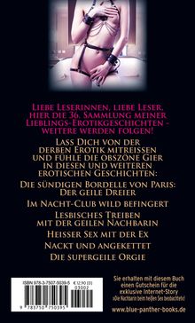 Ein textlastiger Umschlag eines Buches mit erotischen Geschichten. Frau in Kettenillustration im Hintergrund.