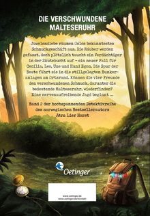 Der Text beschreibt einen Kriminalfall in Oslo mit einem gestohlenen Schmuckstück. Ein Rucksack und eine Uhr sind zu sehen.