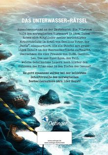 Titel: Das Unterwasser-Rätsel. Text beschreibt ein Abenteuer an der norwegischen Küste. Illustration: Wasser, Stiefel, Filmklappe.