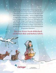 Text über eine Rettungsmission von Ritter Trenk. Illustration zeigt ein Mädchen mit Kopftuch im Schnee, gefolgt von Hühnern.