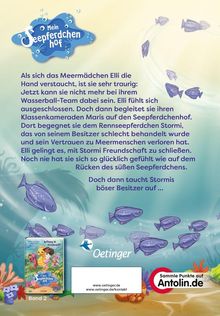 "Mein Seepferdchenhof" und "Sammle Punkte auf Antolin.de." Ein pferdeähnliches Logo, Fischschule, Korallen.