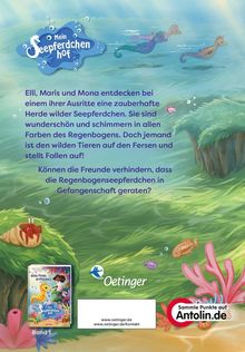 Oben steht: "Mein Seeperdchenhof." Darunter Text über Freunde und bunte Seeperdchen. Illustrationen: Unterwasserwelt, Seeperdchen.