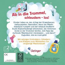 Ab in die Trommel, schleudern – los! Ein spielerischer Waschmaschinen-Spaß für Kinder ab 2 Jahren. Bunte Illustration mit Seifenblasen und Wäsche.