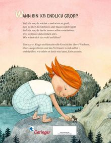 Titel: "Wann bin ich endlich groß?" Text über Wachstum und Selbstvertrauen. Illustration eines Kindes auf einem Hügel.