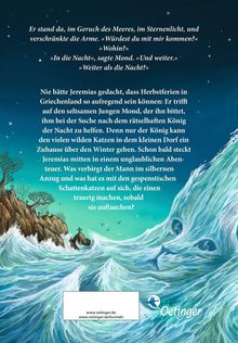 Text über Meer und Nacht. Jeremias' Abenteuer in Griechenland. Unten rechts Wellen mit Gesicht, kleiner Friedhof links.