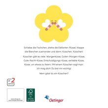Text über Küsschen und deren Bedeutung, Gelbe Blumenform mit zwei Bienchen; Logo unten mit "Oetinger".
