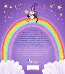 Texte: „Im kleinen Ort Finsterklecks...Hexe und bekommen...zeigt das Hexhorn, was seine Magie wirklich kann...Oetinger.“ 

Illustration: Ein Hexhorn mit Zauberhut auf einem Regenbogen, umgeben von Sternen.