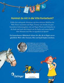 „SPUNK“ steht auf bunten Buchstaben. Oben: „Kommst du mit in die Villa Kunterbunt?“ Unten: Infos über Astrid Lindgren. Rechts ist Pippi.