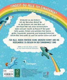 „FINDES DU ALLE 101 EINHÖRNER? ODER VERSTECKEN SICH DA SOGAR NOCH VIEL MEHR?“ Einhörner und Regenbogen-Illustration.