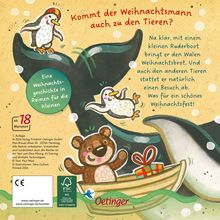 "Kommt der Weihnachtsmann auch zu den Tieren?" Illustration zeigt fröhliche Tiere in einem Ruderboot, Walflossen im Hintergrund.