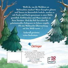 Weißt du, was die Waldtiere an Weihnachten machen? Illustration mit verschneiten Tannenbäumen und blauem Himmel.