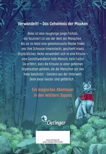 Ein blau-grüner Wald mit Bambus. Rechts ein Fuchs mit rotem Schal, der ernst aussieht. Pastellfarben.
