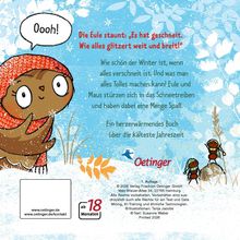 "Oooh! Die Eule staunt: ‚Es hat geschneit. Wie alles glitzert weit und breit!‘ Ein herzerwärmendes Buch über die kalte Jahreszeit." Eine Illustration mit einer Eule im Schnee und zwei Ameisen.