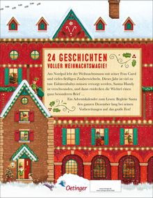 "24 Geschichten voller Weihnachtsmagie!" Illustration eines Hauses im Schnee, dekoriert mit Lichtern und weihnachtlichen Details.