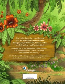 Ein Holzschild mit Text über den "kleinen Karl" und seine besonderen Fähigkeiten. Dschungelillustration mit Blumen.