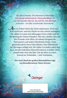 Text über Feuersturm auf Meer, Flucht vor Doktor Orion. Rettung der Ozeane, Bündnisse nötig. Meermädchen-Saga Band vier. Oetinger Logo.