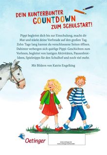 "Dein kunterbunter Countdown zum Schulstart!" Zwei lachende Kinder, ein Junge und ein Mädchen, gehen neben einem Pferd.