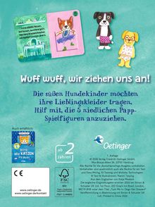 "Wuff wuff, wir ziehen uns an! Die süßen Hundekinder möchten ihre Lieblingskleider tragen." Illustration von Hunden.