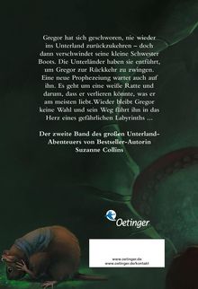 Ein Text beschreibt, dass Gregor ins Unterland zurückkehrt, um seine entführte Schwester zu retten. Unten eine gezeichnete Ratte.