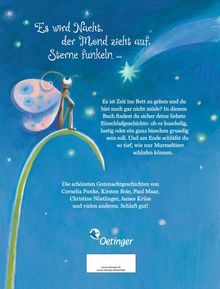 "Es wird Nacht, der Mond zieht auf, Sterne funkeln ..." Illustration mit einer fantasievollen Kreatur und leuchtenden Sternen.