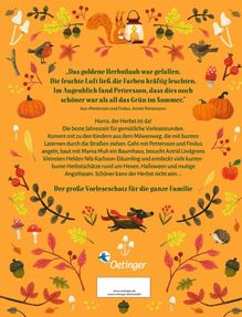 „Das goldene Herbstlaub war gefallen." Illustration mit Herbstmotiven: Blätter, Tiere, Kürbisse, ein Igel und ein Hund im Schal.
