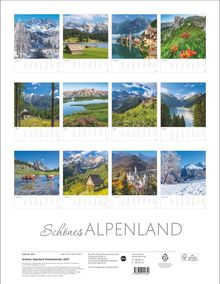 "Schönes ALPENLAND" oben. Kalenderbilder der Alpenlandschaften mit Bergen, Seen und Wiesen zu unterschiedlichen Jahreszeiten.