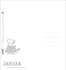 JANUAR, 01.01. Neujahr, 06.01. Heilige Drei Könige. Illustration: Ein Schaf spielt Trompete, reitet auf einer Schildkröte.