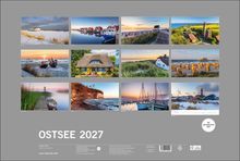 Texte: "OSTSEE 2027", Monatsnamen und Ortsnamen. 

Beschreibung: Kalender mit zwölf Ostsee-Fotografien, jede zeigt unterschiedliche Küstenszenen.