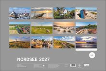 "NORDSEE 2027." Zwölf Landschaftsfotos, darunter Dünen, Leuchttürme und Küstenansichten, jeweils mit einem Monatsnamen.