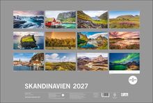 Titel: SKANDINAVIEN 2027. Fotos von Landschaften, Wasserfällen, Fjorden und Polarlichtern aus verschiedenen Monaten.