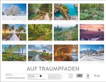"Auf Traumpfaden" steht prominent. Kalenderbilder zeigen Landschaften passend zu jedem Monat von Januar bis Dezember.