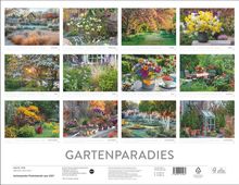 "GARTENPARADIES" steht groß unten. Zwölf Fotos zeigen Gärten und Blumen, jeweils mit Monatsnamen von Januar bis Dezember.