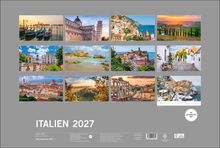 "Italien 2027" in großer Schrift. Zwölf Fotos zeigen malerische Landschaften und Städte Italiens, sortiert nach Monaten.