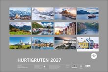"HURTIGRUTEN 2027" steht zentral. Zwölf Bilder zeigen Landschaften und Architektur Norwegens in verschiedenen Jahreszeiten.