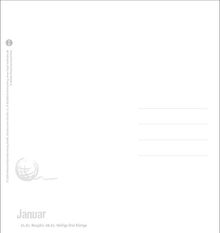 "Januar. 01.01. Neujahr, 06.01. Heilige Drei Könige." Links ein stilisiertes Globus-Logo, rechts Linien als Postkartenrückseite.