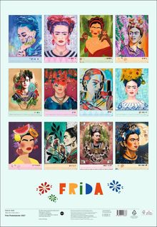 Kalender mit bunten Illustrationen einer Frau. Monate: Januar bis Dezember. Titel: "FRIDA" in bunten Buchstaben.