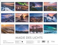 MAGIE DES LICHTS. Ein Kalender mit zwölf Landschaftsfotos, die verschiedene Monate darstellen, von Januar bis Dezember.