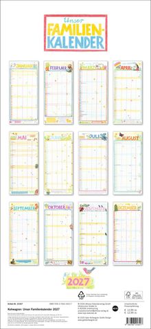 Oben steht "Unser Familienkalender". Darunter sind 12 Monatsseiten für 2027 mit bunten Illustrationen.